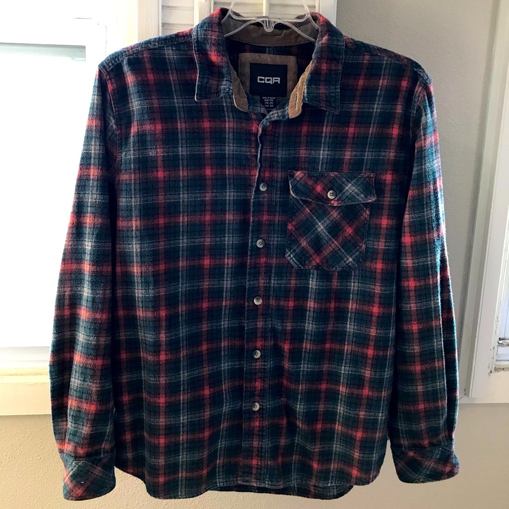 CQR Men’s Flannel Green Brown Black Plaid Shirt With Corduroy Trim Size XL NEW